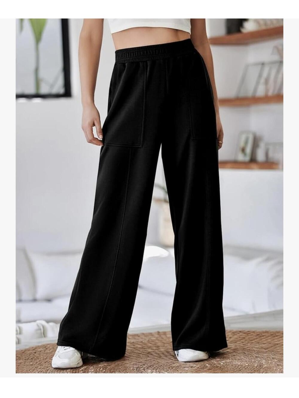 Women's Black Wide Leg Casual Pants with Elastic Waist and Pockets